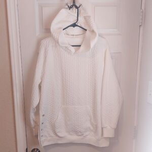 White Pullover Super Soft Hoodie Sweatshirt With Cableknit Look & Side Slits